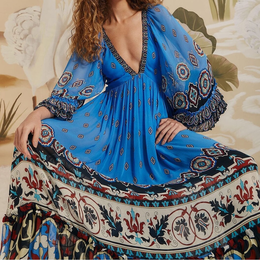 FARM Rio Anika Tiles Long Sleeve Blue Maxi Dress - Picture 2 of 16